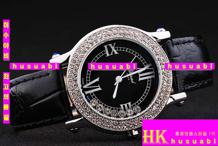 ĵ ڽð Replica Chopard Japanese Quartz MOVEMENT Polished Case Diamond Bezel Black leather Bracelet Women. sa-11